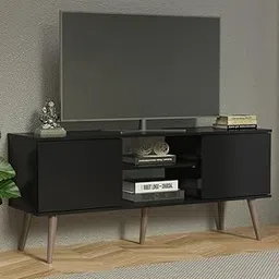 Goldview Furniture Modern Black Wooden TV Stand – Open Display Shelves & Angled Legs – Stylish Entertainment Unit for Living Room, Hallway, or Bedroom-image-28