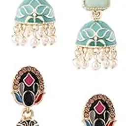 zaveri pearls Set Of 2 Multi-Colour Enamel Beads & Kundan Traditional Jhumki Earring For Women-ZPFK16856-picture-12