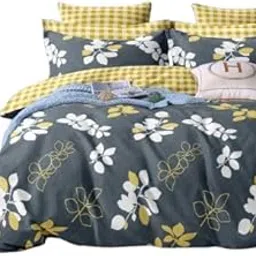 Floral Duvet Cover Set, Queen Size, Grey and Yellow with Gingham Pattern, White Flowers-image-48