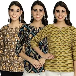 pinkmint Tunic Top for Women ll Stylish Printed V Neck Button Down Combo Top's ll Stylish Short Top ll (Pack of 3)-picture-45