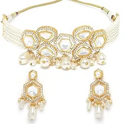 karatcart Pearl Beaded Polki Kundan Choker Necklace Set for Women-picture-19