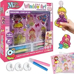 Wembley Glass Painting Kit 18 Pcs Window Art and Craft Kit for Girls Gift Toys for 5+ Years Old with 48 Pattern 3D Sticker | Easy-to-Stick on Glass Window Fridge Birthday Gift for 6-12 Years Old Girls image 1