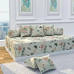 VOMZER Premium Printed 100% Glace Cotton Diwan Set 8 Pieces, 1 Single bedsheet, 5 Cushions Covers and 2 Bolster Covers - (Cream Green)-image-51