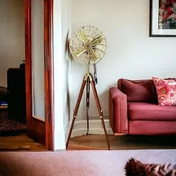 Vintage Electric Floor Fan with Wooden Tripod Stand - Adjustable Height Pedestal Fan, Retro Antique Brass Finish, 4-Blade Decorative Industrial Floor Fan for Home, Office, Living Room Decor-picture-14