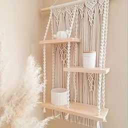 Decazone Macrame Wall Hanging Shelf with Three Wooden Shelves Boho Hanging Plant Shelf Boho Wall Decor Hand Woven Natural Rope Floating Shelf for Window Bedroom Decorations, Size 100L x 51L, (Style B)-picture-15