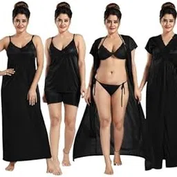 ledelav 6-Piece Women's Satin Nightwear Set, Black, Long Nighty with Robe, Shorts, Top and Bikini-picture-25