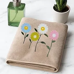 Floral Embroidered Bath Towel | Premium Soft Microfiber | Quick-Dry, Lightweight & Absorbent | Cream 30 x 60 Inch Towel with Pastel Daisy Design for Bathroom, Spa & Travel (Light-Taupe)-picture-26