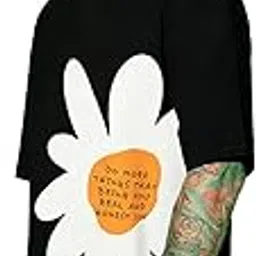 veirdo Cotton Black & Limeade Oversized Fit Half Sleeve Crew-Neck Floral Printed Longline T-Shirt for Men-picture-10