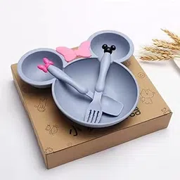 Mickey Mouse Shaped Plates for Kids, Eco Friendly Bamboo Fiber Dinner Set for Weaning Kids, Dinner Dish Gift Sets with Spoon, Fork (Blue Plate)-image-11