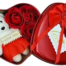 YBN Teddy Bear with Heart Shape Box - Love Gift for Girls | Card and Red Rose Scented Soap Flower Petals with Soft Teddy Bear & i Love You Card Inside Box. (RED)-picture-44