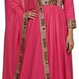 Traditional Anarkali Gown with Embroidered Border, Long Floor Length Dress, Pink, Maroon and Green, Ethnic Indian Wedding-image-1