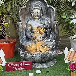 Classy Home Creation Lotus Base Buddha Water Fountain with LED Light Big Size 3 feet, Antique Grey, Indoor Outdoor Zen Decorative Home Living Room Office Garden Meditation Decor, Fiber Material-image-85