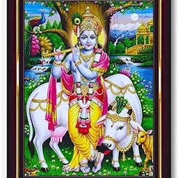 Pavan Photo Laminations Lord Gopala Krishna Murali Gopal Cow Calf Wall Painting Framed Home Decor (Wood,Matte,Brown,Small Size,6 x 8 Inch) B683S-picture-15
