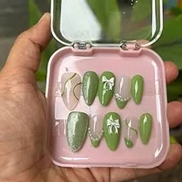 Premium Designer 10pcs Stick-on Nails set, with Easy Glue Tab application, Nails are Reusable & Unbreakable| Long-Lasting Shine | Artificial Nail Extensions (green., Long)-picture-18