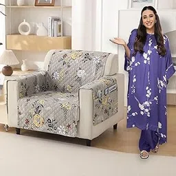 HOKIPO 'VivaCasa Series' Polyester 1 Seater Quilted Sofa Cover with Pockets, Floral Ash Grey (IN-737-D3)-picture-31