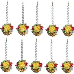 Innovative Creation Flower with Gota Yellow Fabric Maang Tikka for Mehandi, Pre Wedding Puja, Wedding Day, Women's Pack of 10-picture-26