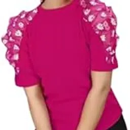 kinjara Women's Floral Puff Sleeve Top, Hot Pink, Casual Round Neck-picture-19