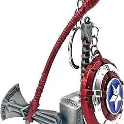 VSVERUS The Worthy Triple Power Tho-rs Hammer Mjol-nir, Cap-tain America Shield & Storm breaker Axe for Men/Women Antirust Metal KeyChain/Ring for Car Bike Combo Set Three-image-1