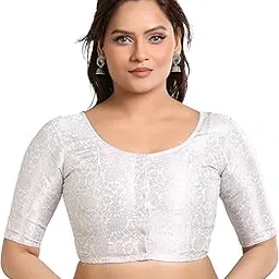 madhu fashion Women's Silver Brocade Half Sleeves Readymade Saree Blouse-picture-30