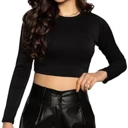 Regular Wear Full Sleeve Round Neck Solid Crop Top for Women, Top for Girls-picture-43