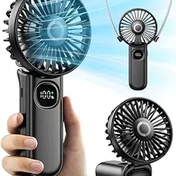 coldsky Mini Portable Hand Fan, 3000mAh Rechargeable USB Small Desk Fan with LED Display, 90° Foldable Cooling Fan with Lanyard Neck Fan for Women, Makeup, Office, Travel, Outdoor (Black)-picture-34