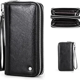 sam's design Men's Genuine Leather Clutch Business Travel Double Zip Around Purse 4 Interlayer Vintage Long Wallet with Wrist Wrap Black-picture-36