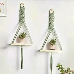 Wall Hanging Shelf Chic Decor Wood Floating Boho Shelves with (Green)-picture-26