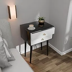 ETIQUETTE ART Modern Bedside Table with Solid Wood Legs, Minimalist and Practical End Side Table with Drawer Storage, Easy Assembly (Black White) (Black White)-image-92
