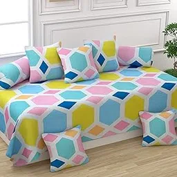 THE HOME STYLE Super Soft Glace Cotton Exclusive Diwan Cover Set of 8 Piece (1 Single Bedsheet-60x90 Inch, 5 Cushion Covers-16x16 Inch and 2 Bolster Covers-16x32 Inch) (Pastel Palette)-image-54