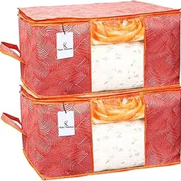 Heart Home Leheriya Design Underbed Storage Bag, Storage Organiser, Blanket Cover Set of 2 - Orange, Extra Large Size - CTHH11964-picture-42