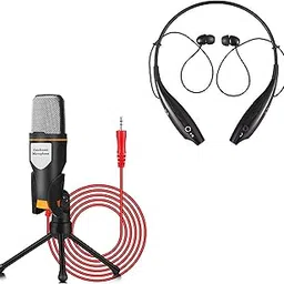 Mabron Combo Pack of 2 Items - 3.5 mm Condenser Microphone for Computer Laptop Gaming PC with Stand for Recording, Singing, YouTube, Skype with Hbs730 Neckband Bluetooth Headphones (1 Year Warranty)-image-96