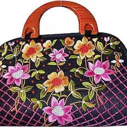 lavanya fashions Raw Silk Fabric Embroidered and Floral Handbags for Girls and Women -Pink & Yellow Flowers-picture-13