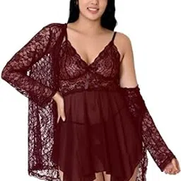 fihana Net Lace Spandex Women Babydoll Nightgown Honeymoon Lingerie Nighty Pack 2 Piece Combo Black, Red, Maroon S-3XL-picture-22