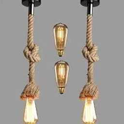 Areezo E27 Holder Base Mounted Vintage Natural Rustic Rope Jute Type Hanging Pendant Ceiling Light (Wooden Rope Hanging Light)-AC-image-2