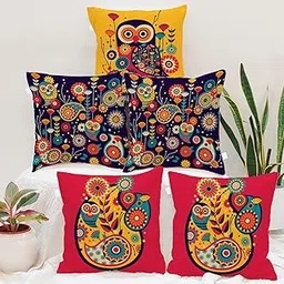 STITCHNEST Owl Printed Poly Cotton Cushion Cover, Set of 5 (12x12 Inches)-picture-19