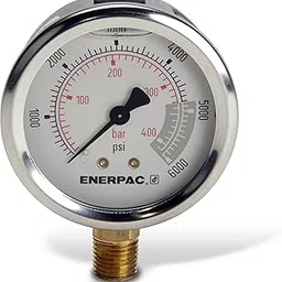 Enerpac G2517L Hydraulic Pressure Gauge with Dual 0 to 6, 000 PSI and 0 to 400 Bar Range, 2-1/2-Dia. Face, 1/4 NPTF Male, Lower-Mount Connection image 1