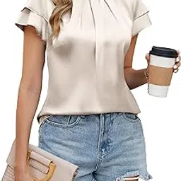 finaxo fashion Women's Pleated Blouse, Satin Business Casual Top, Short Ruffle Sleeve, Beige-picture-44