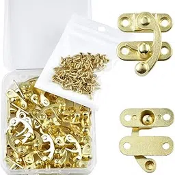 PGMJ 20 Pieces Thickened Solid Antique Right Latch Hook Hasp Horn Lock Wood Jewelry Box Latch Hook Clasp and 80 Replacement Screws (Gold)-picture-53