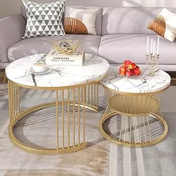 Brown Art SHOPPEE Round Coffee Table Home Décor Furniture Coffee Table Sets,2 Piece MDF Top,Stacking Nesting Table with Iron Frame for Living Room Living Room or Lounge (Gold & White)-image-2