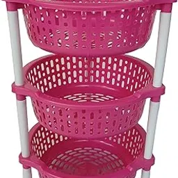 Neelam 3 Shelf Plastic Round Basket Vegetable Fruits or Multipurpose Kitchen Trolley Pink Color-picture-15