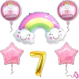 Mystic Toy Store 7th Rainbow Balloons for Birthday Decoration Kit Multicolour 7 year Baby Boys Girls Kids 5 Pcs Rainbow Theme Foil Balloons Decoration Set Items 2 Pcs Pink Star-picture-16