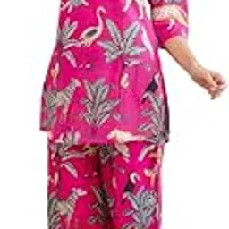 me&my Women’s Fuchsia Animal & Tropical Print Cotton Co-ord Set – 3/4 Sleeve Kurta & Palazzo Pants, Resort & Casual Wear-picture-40