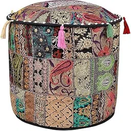 Sophia-Art Indian Embroidered Patchwork Cover Indian Decorative Pouf Indian Comfortable Floor Cotton Cushion Ottoman Pouf,Indian Designs Ethnic Patchwork Pouf (Black, 18"x13")-picture-20