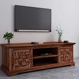 INTEROS Sheesham Wood TV Stand with 2 Door & Shelf Storage for Living Room Home Entertainment Unit Center Console TV Table Wooden Tv Cabinet (Natural Brown Finish)-image-90