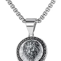 Metal Silver Plated Biker Punk Stainless Steel King of the Forest Animal Lion Round Locket 22inches Square Box Chain Pendant Necklace Chain Gift For Men Boys-image-74
