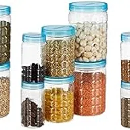 Amazon Brand - Solimo Plastic Checkered Jar Container, Set Of 18 (6 Pcs X 250 Ml Each, 6 Pcs X 500 Ml Each, 6 Pcs X 1000 Ml Each), Blue | Kitchen Organiser | Bpa Free | Stackable image 1