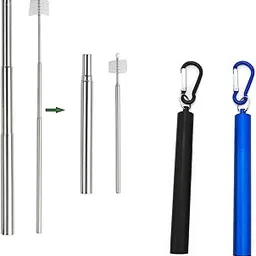 ANAB GI 2 Packs Reusable Straws Collapsible Stainless Steel Drinking Metal Straw with Case and Straw Cleaner Brush (1 Black+1 Blue)-image-13