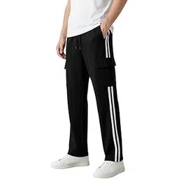 tedwoods Men's Cargo Track Pants with Side Stripes, Black Athletic Sweatpants, Drawstring Waist, Side Pockets-picture-54