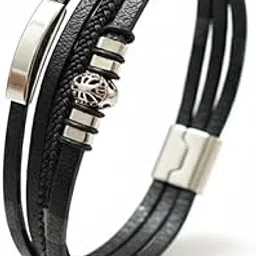 university trendz Leather Stainless Steel Biker Multistrand Braided Bracelets with Magnetic Clasp for Men and Boys-picture-21