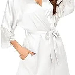 klovvy Babydoll Women’s Silk Robe Short Lace Trim Satin Robe 3/4 Sleeve Hot Kimono Bride Robe Comfy Bridal Sleepwear Night Dress Bridal on her Wedding Night and Gift White-picture-14